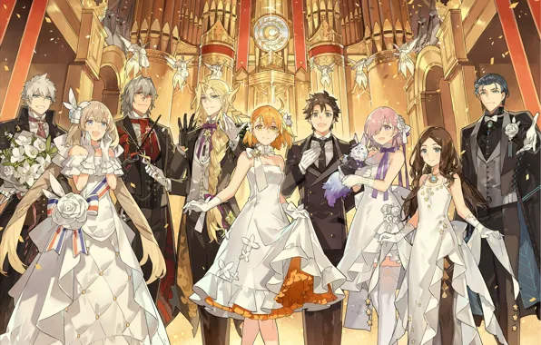 Картинка персонажи, в перчатках, Fou (Fate/Grand Order), букет цветов, бальные платья, Fate / Grand Order, смокинг, …