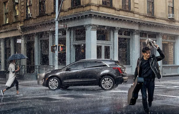 Картинка авто, люди, дождь, Город, ливень, Cadillac-XT5-Platinum.