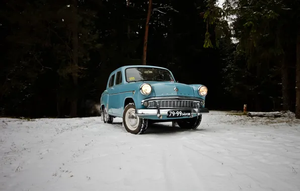 Картинка зима, лес, USSR, Moskvich, ретро автомобиль, Moskvich 407, Black plates