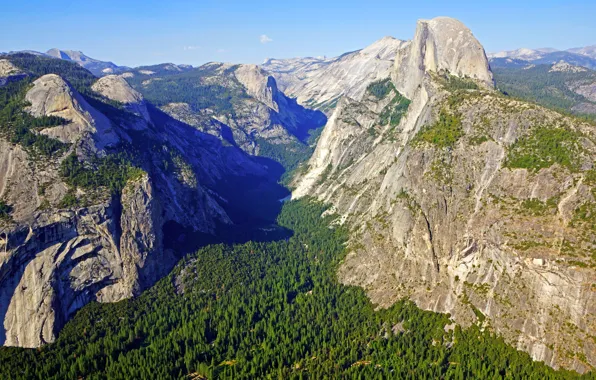 Картинка лес, солнце, горы, скалы, долина, Калифорния, панорама, ущелье, США, Национальный парк Йосемити, Yosemite National Park