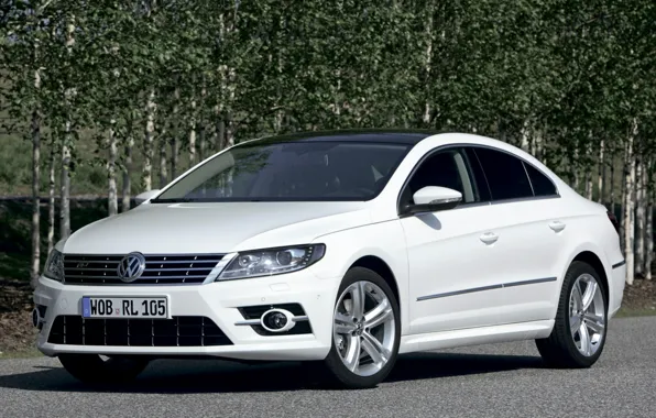 Картинка белый, деревья, фон, купе, volkswagen, передок, фольксваген, passat, пассат, r-line