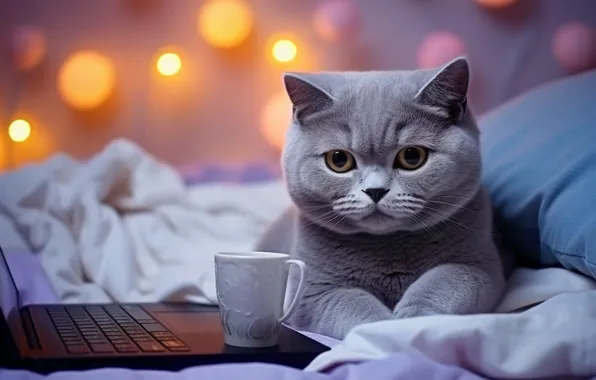 Картинка кошка, кот, взгляд, поза, серый, кружка, постель, ноутбук