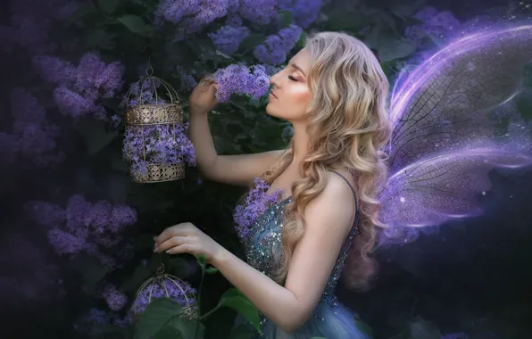 Картинка девушка, цветы, крылья, сад, фея