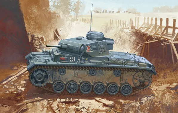 Картинка мост, арт, солдат, Вторая мировая война, WW2, PzKpfw III Ausf. J, немецкий танк