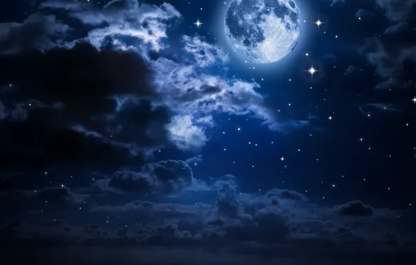 Картинка красота, планета, луна, ночь, звезды, облака