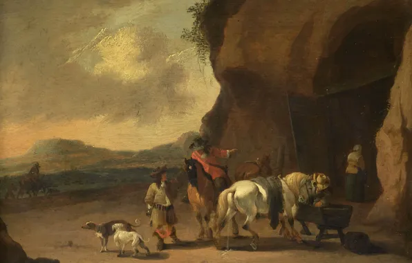 Картинка пейзаж, масло, картина, 1719, Pieter Bout, Питер Баут, Придорожная стоянка