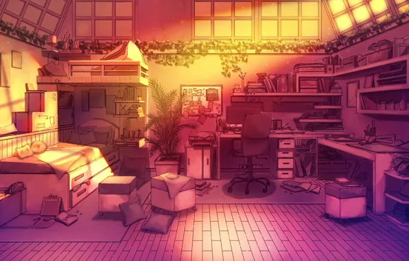 Картинка Line Art, Illustration, Свет, Книги, Window, Кровать, Art, Bedroom, Things, Sunset Lighting, Вещи, Апартаменты, Apartment, …