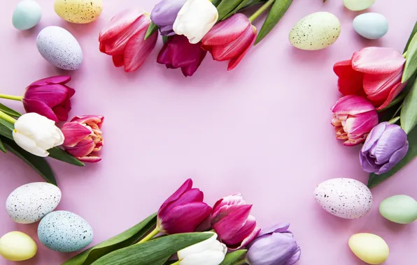 Картинка цветы, яйца, весна, colorful, Пасха, тюльпаны, happy, pink, flowers, tulips, spring, Easter, purple, eggs, decoration