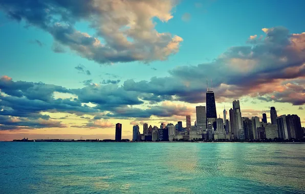 Картинка небо, вода, здания, небоскребы, USA, америка, чикаго, Chicago