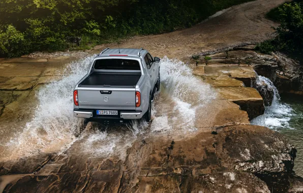Картинка вода, река, камни, Mercedes-Benz, сверху, пикап, 2018, X-Class, серо-серебристый