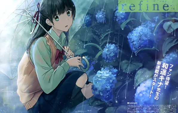 Картинка иероглифы, школьница, зеленые глаза, гортензия, капли дождя, под зонтом, сидит на корточках, летний дождь