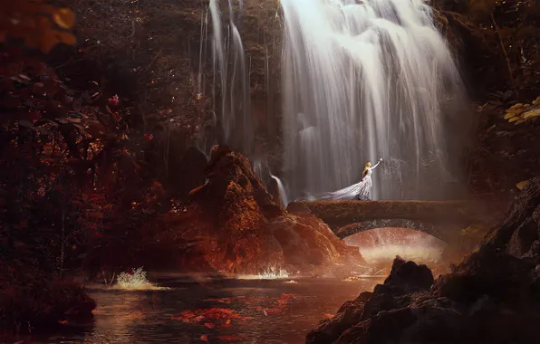 Картинка лес, вода, девушка, деревья, мост, ручей, водопад, платье