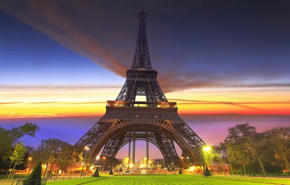 Картинка город, парк, Париж, фонари, Эйфелева башня