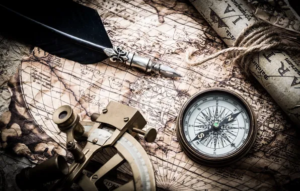 Картинка перо, карта, компас, compass, old maps, навигационный прибор, nautical navigation tools