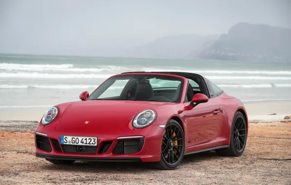 Картинка море, туман, 911, Porsche, Red, автомобиль, порше, sea, mountains, GTS, Targa 4, Worldwide