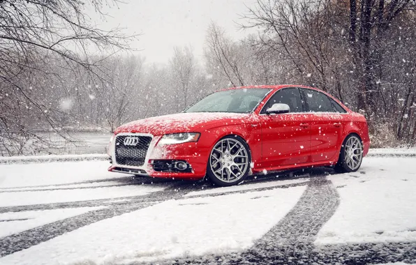 Картинка зима, снег, Audi, ауди, red, красная, winter