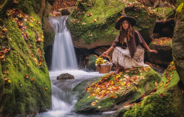Картинка осень, листья, девушка, природа, камни, корзина, водопад, мох, фея, Kieffer Christian