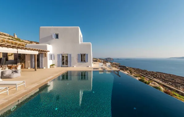 Картинка вид на море, Греция, архитектура, Миконос, терраса, Blue Villa, by Mykonos Architects, дом, бассейн