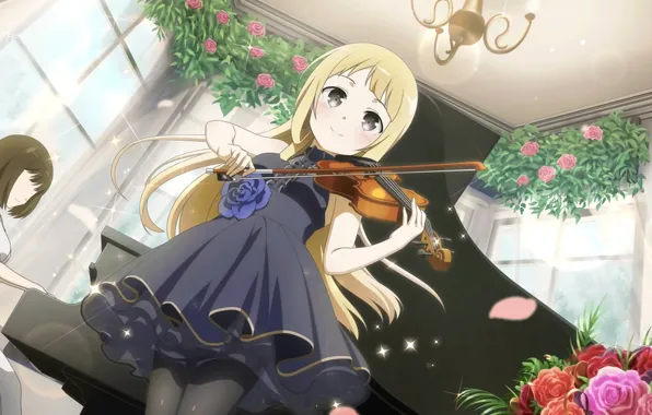 Картинка девочка, Yuuki Yuuna wa Yuusha de Aru, скрипка, музыка, розы