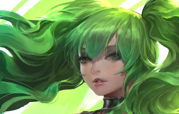 Картинка hatsune miku, sanmufan, лицо, art, зеленые волосы, vocaloid
