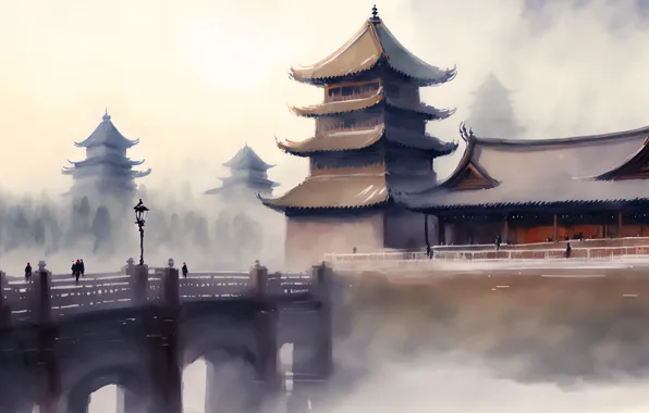 Картинка China, architecture, exterior, AI art, watercolor style