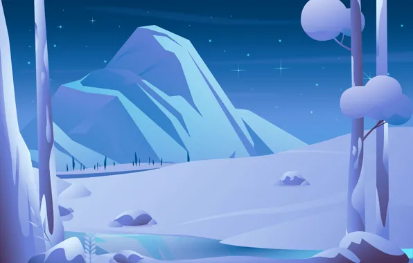 Картинка зима, небо, звезды, снег, деревья, пейзаж, горы, ночь