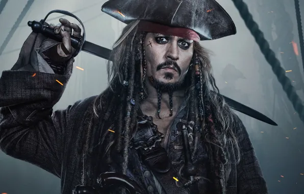 Картинка туман, Johnny Depp, пистолеты, шляпа, фэнтези, искры, капитан, Джонни Депп, канаты, Джек Воробей, Пираты Карибского …