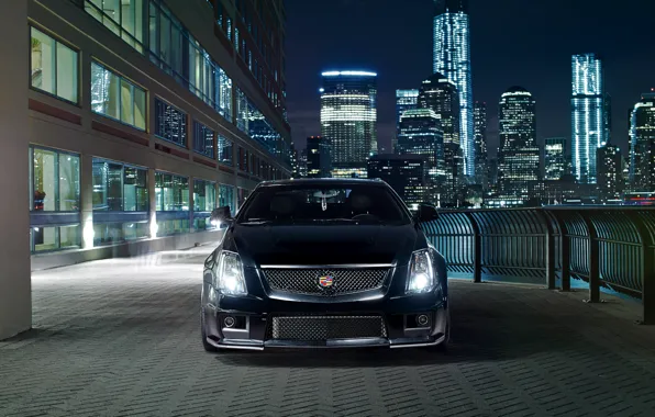 Картинка ночь, город, огни, чёрный, Cadillac, перед, black, CTS-V