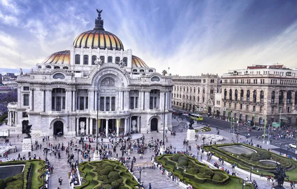 Картинка здание, площадь, Мексика, опера, музей, кусты, Мехико, дворец изящных искусств