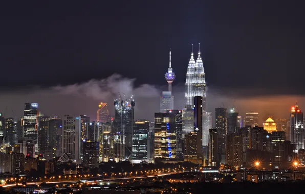 Картинка здания, ночной город, небоскрёбы, Малайзия, Kuala Lumpur, Malaysia, Куала-Лумпур