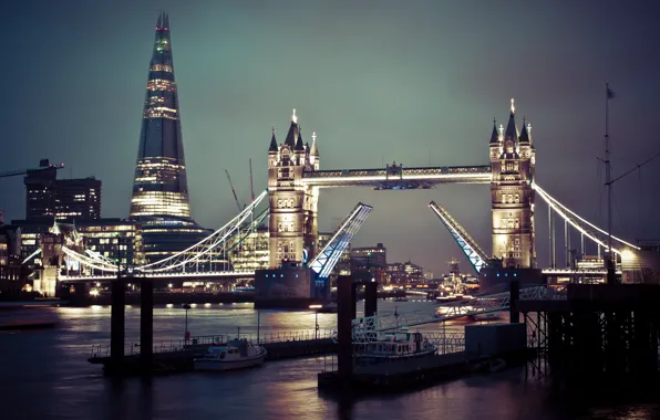 Картинка ночь, огни, Англия, Лондон, Тауэрский мост