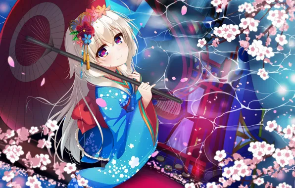 Картинка girl, umbrella, anime, japanese, kimono, bishojo
