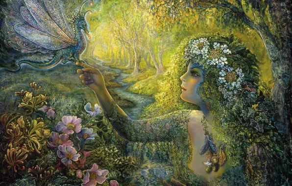 Картинка листья, деревья, цветы, сюрреализм, дракон, картина, лица, живопись, Josephine Wall, сказочный лес, лесной ручей, женский …