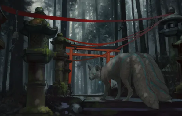 Картинка Япония, фонари, ступени, девятихвостый, art, красная лента, демон-лис, fox demon