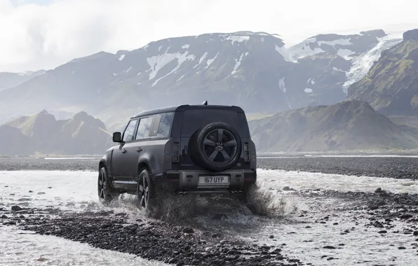 Картинка вода, снег, горы, брызги, туман, джип, Land Rover, бездорожье, Trophy, трофи, Defender, 2022, Land Rover …
