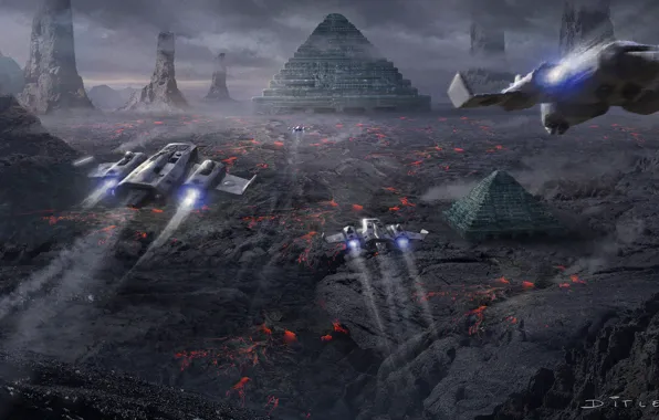 Картинка скалы, лава, пирамиды, полёт, Scorched land