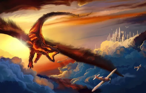Картинка закат, дракон, самолёты