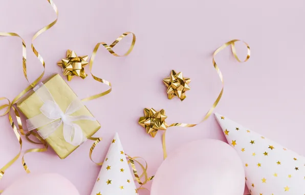 Картинка фон, розовый, подарок, колпак, balloon, Воздушный шарики, gift-box