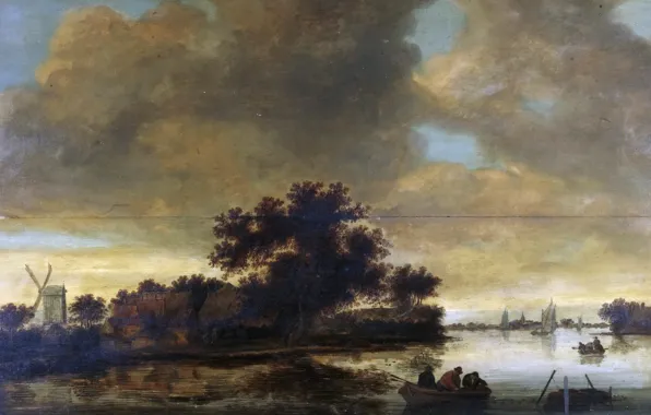 Картинка дерево, лодка, картина, Речной Пейзаж с Лодками и Мельницей на Берегу, Frans Anthonisz van der …