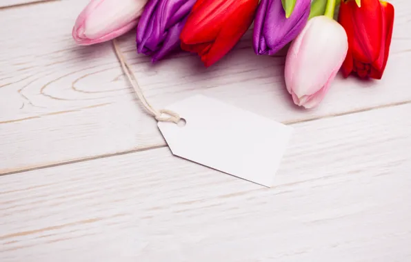 Картинка цветы, букет, colorful, тюльпаны, red, white, wood, flowers