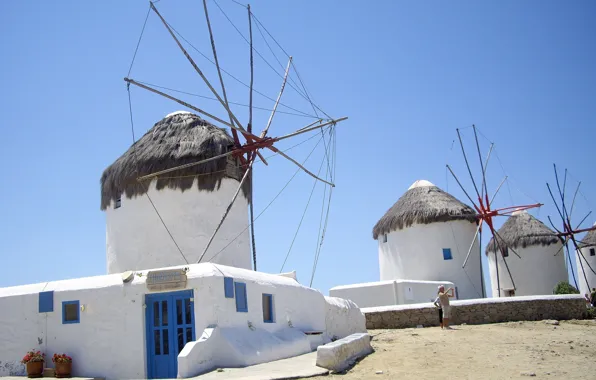 Картинка небо, остров, Греция, ветряная мельница, Миконос