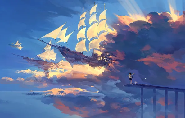 Картинка собака, корабли, арт, hanyijie, парень, аниме, птицы, облака, радость, небо, пейзаж