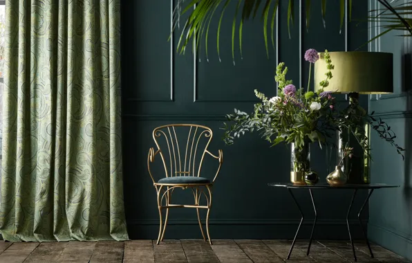 Картинка цветы, дизайн, стиль, комната, лампа, интерьер, стул, столик