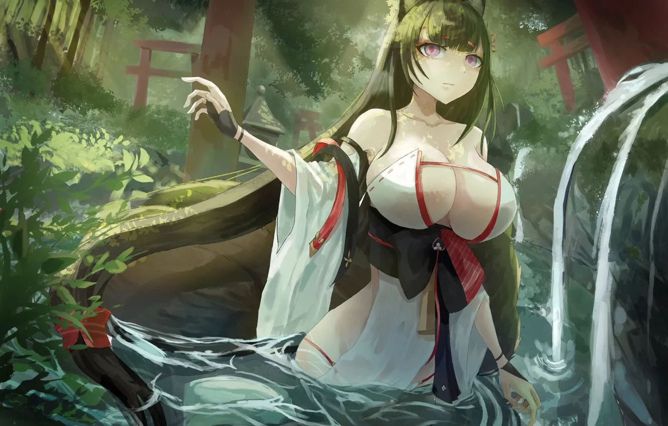Фото обои girl, sexy, cleavage, long hair, nature, boobs, anime, beautiful