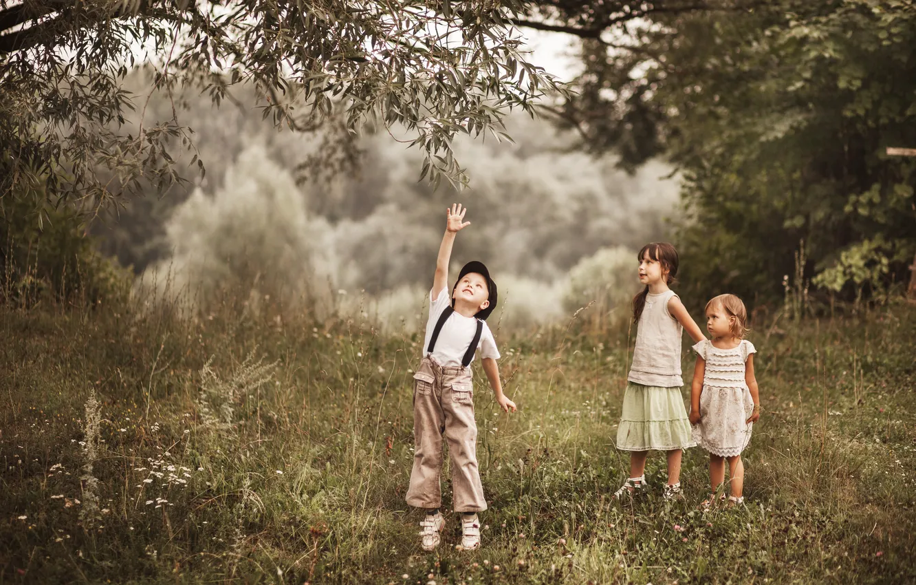 Фото обои лето, деревья, дети, девочки, мальчик, прогулка, друзья, Boys