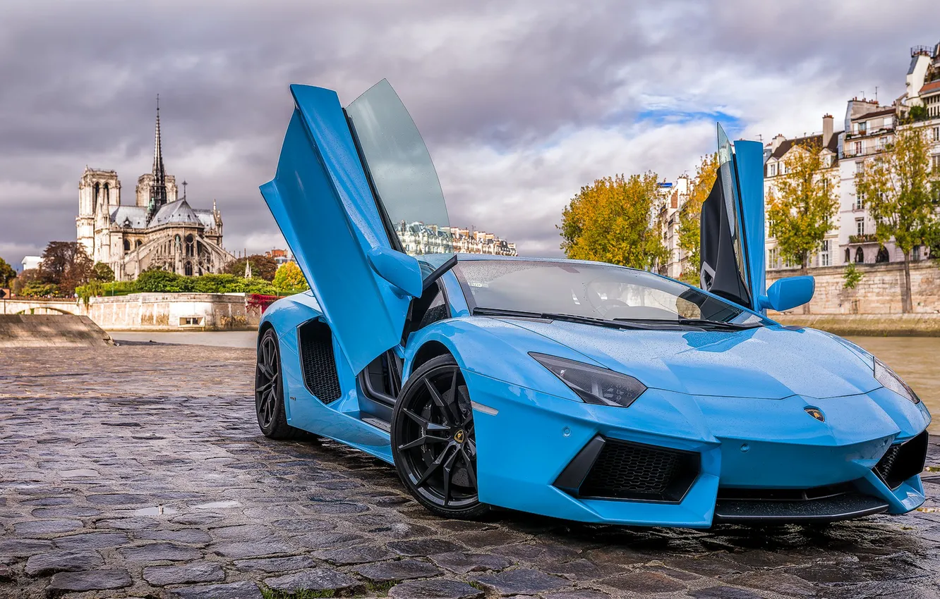 Фото обои Lamborghini, Paris, Blue, Aventador