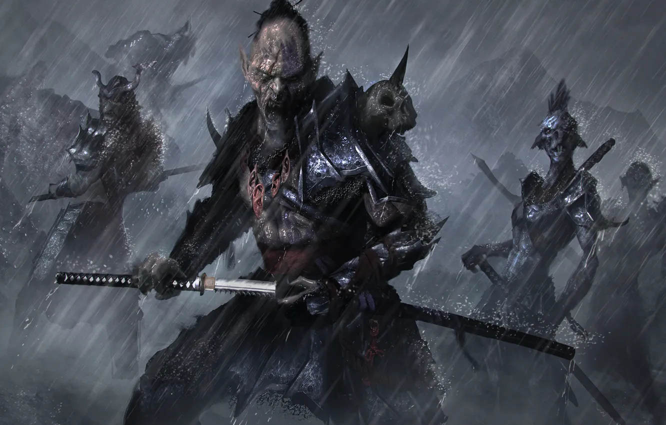 Фото обои дождь, меч, арт, Orc, katana, Samurai