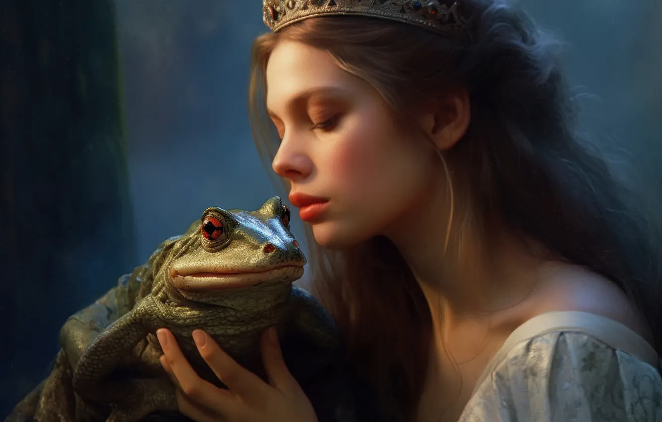 Фото обои девушка, лицо, рендеринг, лягушка, портрет, корона, арт, жаба