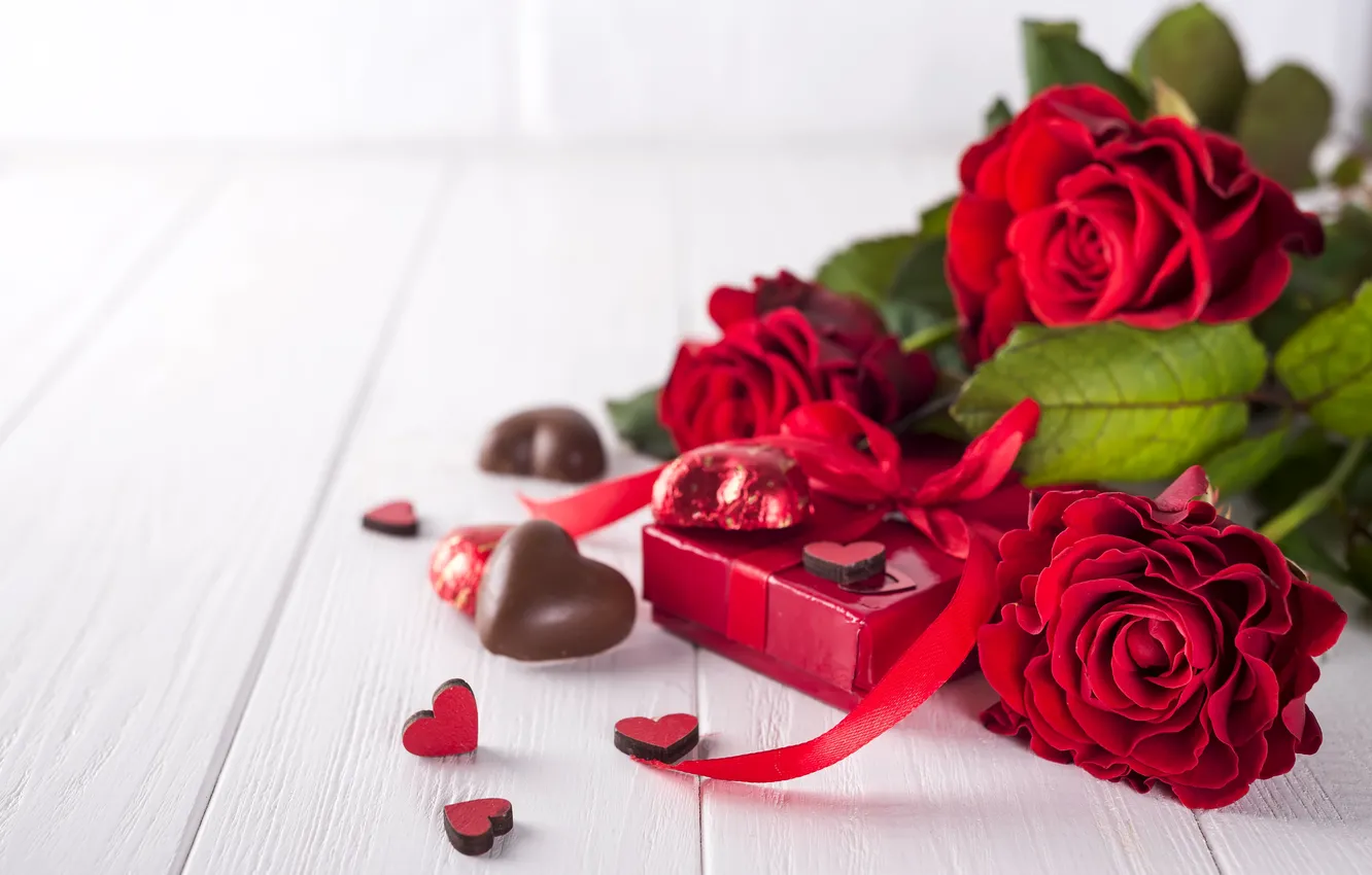 Фото обои цветы, подарок, розы, букет, сердечки, красные, red, love
