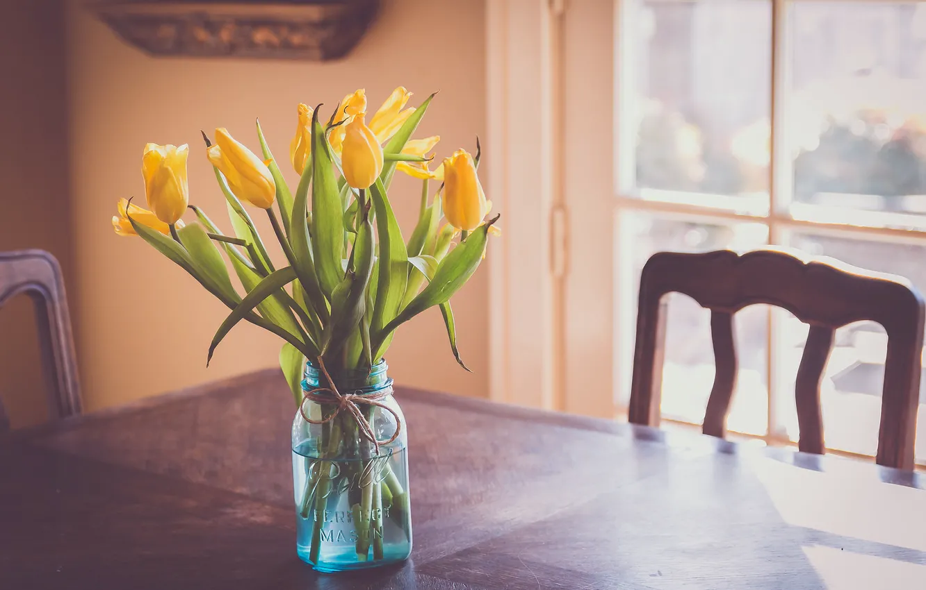 Фото обои цветы, стол, желтые, тюльпаны
